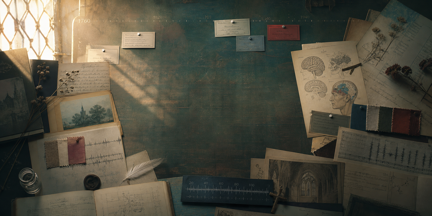 An archival table layered with documents, sensory notes, and museum-like historical materials.